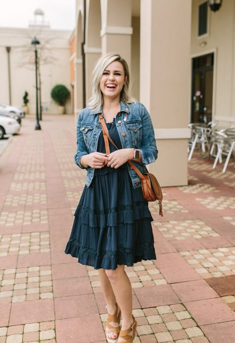 Spring Outfit | All Blue outfit | Spring Dress | Denim Jacket outfit | Maternity outfit | Uptown with Elly Brown Chic Style Inspiration, Look Boho Chic, Thanksgiving Outfit Ideas, Thanksgiving Outfit Women, Jacket Outfit Women, Western Wear Outfits, Denim Jacket Outfit, Gaun Fashion, Dress With Jean Jacket