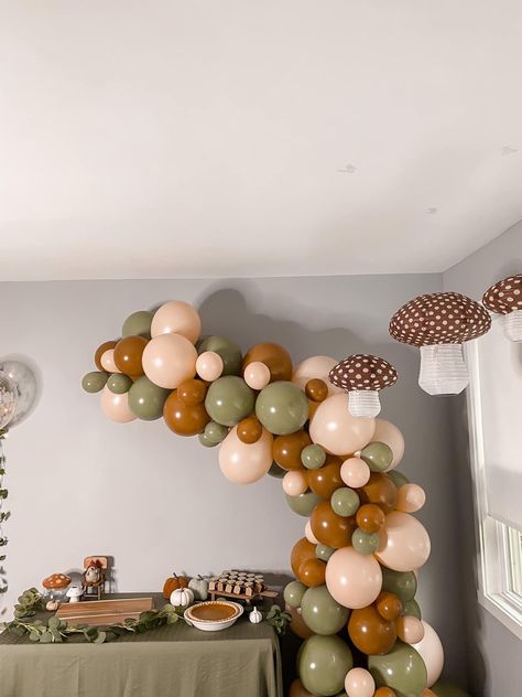 Cottage Core Gender Reveal, Forest Themed Birthday Party Decorations, Earthy Birthday Party Theme, Mushroom Balloon Garland, Cottagecore Balloon Arch, Cottagecore Birthday Decorations, Earthy Theme Party, Mushroom Theme Baby Shower Boy, A Little Fungi Is On The Way