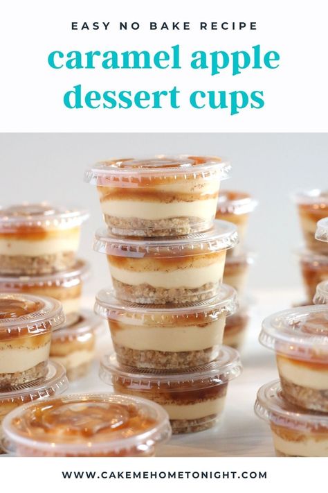 Caramel Apple Dessert Cups are an easy, delicious, and portable no bake dessert. Vanilla wafer crust, salted caramel mousse, cinnamon apples and a drizzle of salted caramel sauce make these cups irresistible and perfect for apple season! Apple Cups Recipe, Salted Caramel Apple Cups, Salted Caramel Mini Desserts, Easy Catering Dessert Ideas, Easy Apple Desserts Individual, Dessert Cup Ideas Simple, Carmel Apple Cheesecake Bites, Baked Halloween Desserts, Apple Desserts Mini