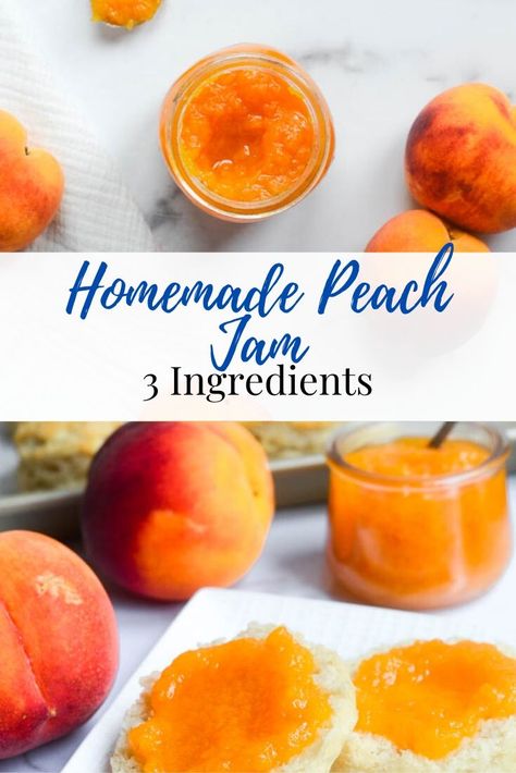 This homemade peach jam recipe is so easy -- it only requires 3 ingredients: lemon, peaches, and sugar! There's no pectin or canning required. Enjoy your summer peaches fresh on homemade biscuits, on toast, on desserts, the options are endless! Canning Peach Jam No Pectin, Peach Jam Recipes With Pectin, Small Batch Peach Jam No Pectin, Fresh Peach Jam No Pectin, Best Peach Jam Recipe, Small Batch Peach Jam Recipe, Peach Freezer Jam No Pectin, Peach Jam Recipe Canning No Pectin, Peach Nectarine Jam