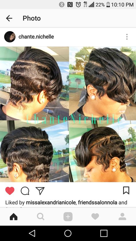 Pixie waves with long bangs Short Curly Weave, Short Weave Hairstyles, Finger Waves Short Hair, Short Relaxed Hairstyles, Black Hair Short Cuts, Shaved Hair Designs, Quick Weave Hairstyles, Short Black Hairstyles, Short Sassy Hair