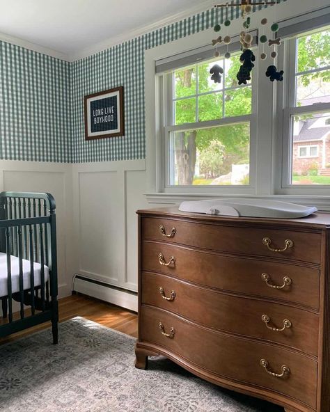 21 Enchanting Ideas for a Board and Batten Nursery Boys Bedroom With Wallpaper, Plaid Wallpaper Nursery, Wallpaper House Accent Walls, Nursery Accent Wall Boy, Blue Board And Batten Wall, Traditional Boy Nursery, Wallpaper And Board And Batten, Board And Batten Nursery, White Plaid Wallpaper