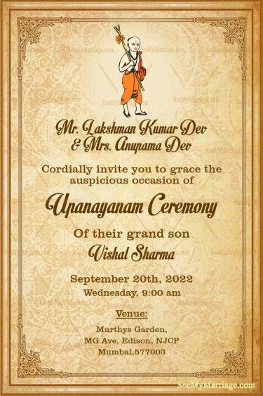 Upanayanam Invitation Cards, Thread Ceremony, Ceremony Invitation Card, Brown Theme, Ceremony Invitation, Sacred Threads, Divine Light, Knowledge And Wisdom, Cards Design