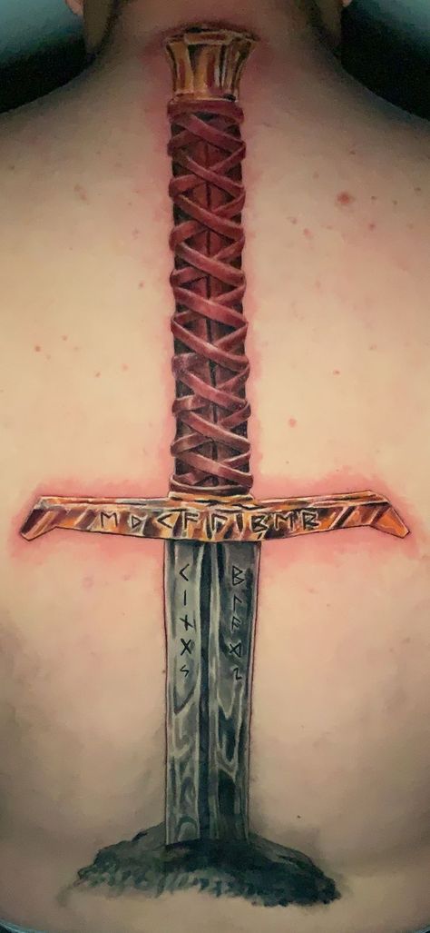 Excalibur Sword Back Tattoo Double Exposure, Back Tattoo, Tatting, Body Art, Hair Wrap, Tattoo Designs, Tattoos