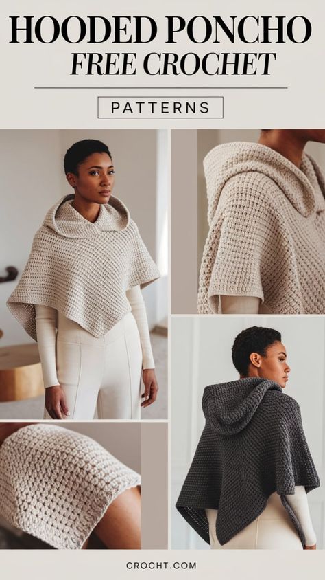 Free crochet patterns for cozy hooded ponchos. Perfect for staying warm and stylish this winter with a handmade touch! Crochet Hooded Poncho, Crochet Coat Free Pattern, Hooded Poncho Pattern, Cozy Winter Style, Cozy Winter Fashion, Poncho Patterns, Poncho Crochet, Half Double Crochet Stitch, Kids Poncho