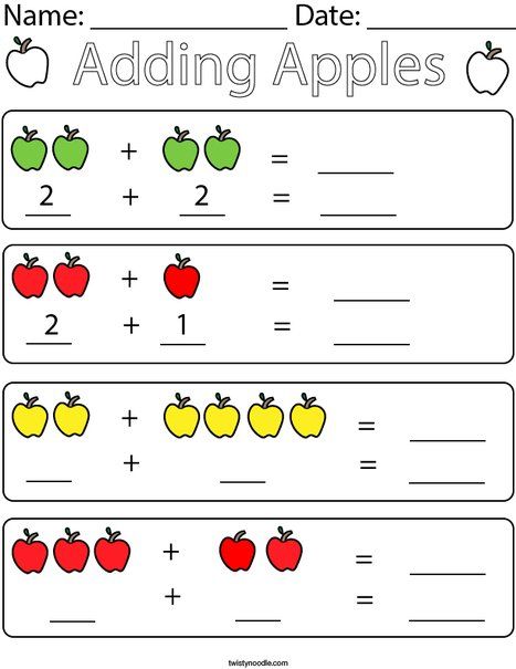 Adding Apples Math Worksheet - Twisty Noodle Add Worksheet, Apple Math Worksheets, Printable Addition Worksheets, Math Apple Activities, Easy Math Centers, Teach Addition, Apple Math, Fall Worksheets, Kindergarten Addition Worksheets