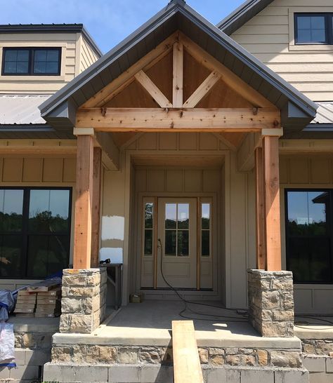 Western Cedar Front Porch, Post And Beam Porch Covered Patios, Post And Beam Porch Front Entrances, Stained Beams Front Porch, Post And Beam Entrance, Post And Beam Front Porch, Cedar Beams Front Porch, Cedar Wrapped Posts Front Porch, Covered Front Entryway Ideas Exterior