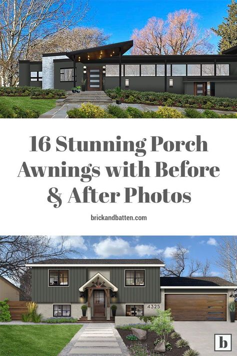 One of the best ways to get some outdoor livable square footage for you and your family to enjoy is to add a porch awning to your home’s exterior design. Here are 16 ideas to inspire a porch awning update of your own. #exteriordesign #awning #porch #porchawning Add Awning To Front Of House, Aluminum Awnings Exterior, House Awnings Exterior, Colonial Remodel Exterior, Front Porch Awning Ideas, Porch Awning Ideas, Awning Front Door, Metal Awnings For Windows, Porch Awnings