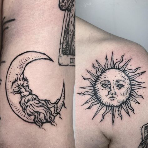 Medieval Sun And Moon, Moon Sun Tattoo, Etching Tattoo, Woodcut Tattoo, Tattoo Moon, Medieval Tattoo, Engraving Tattoo, Sun Tattoos, Jewelry Tattoo