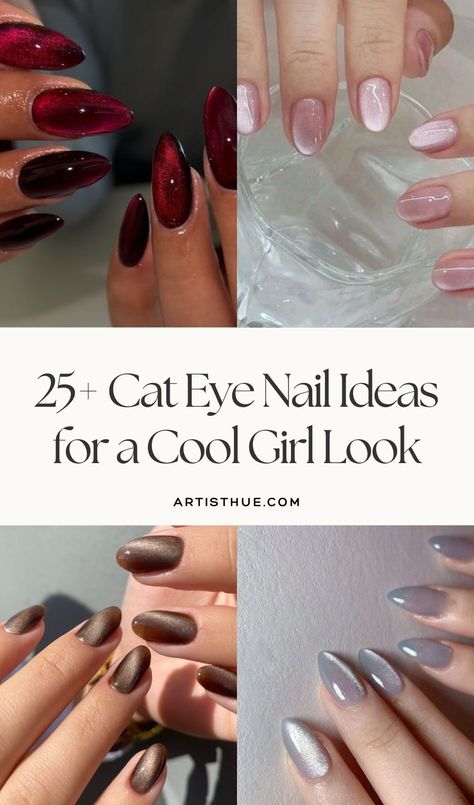 Gorgeous It girl nail inspo | Jelly cat eye velvet nails | 2025 hottest nail manicure trends #cateyenails #manicureinspo Metallic Cat Eye Nails, Cat Eye Dip Nails, Spring Cat Eye Nails, Neutral Cat Eye Nails, Brown Cat Eye Nails, Nude Cat Eye Nails, Cat Eye Nail Ideas, Cat Eye French Tip Nails, Cats Eye Nails Design