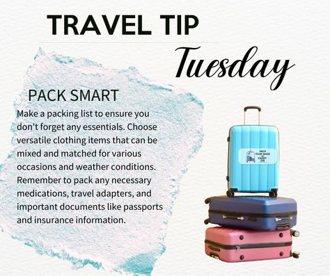 Welcome to Travel Tip Tuesday! 🌍✈️ Every Tuesday, we'll be sharing insightful tips, tricks, and advice to make your travel experiences smoother, more enjoyable, and hassle-free. Whether you're a seasoned globetrotter or a first-time explorer, stay tuned for valuable insights to enhance your journeys! #PackYourBagsAndCarryOn #TravelTipTuesday #TravelSmart Travel Tip Tuesday, Tip Tuesday, Travel Advisor, Packing Lists, Every Tuesday, Travel Adapter, Pack Your Bags, Tips Tricks, Travel Agent