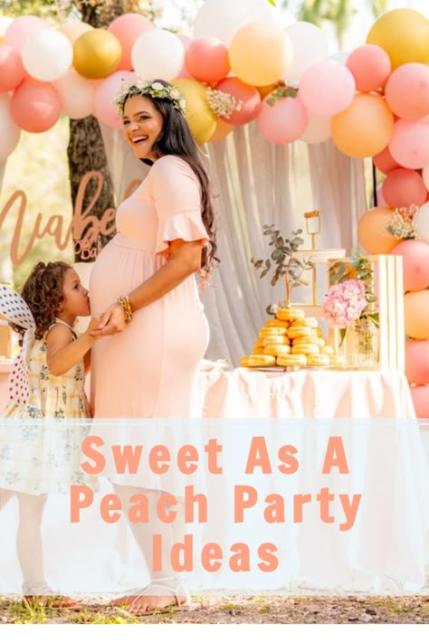 Candied Peaches Slices, Peach Party Decor, Peach Party Ideas, Peach Party Theme, Sweet Baby Shower Theme, Peach Baby Shower Cake, Simple Baby Shower Ideas Girl, Peach Theme Centerpieces, Girl Themed Baby Shower Ideas