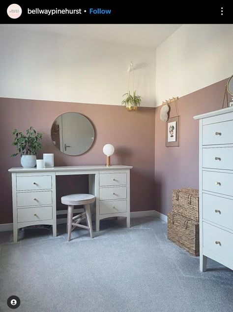 Pink Half Wall Bedroom, Dusky Pink Dressing Room, Dressing Room Paint Colors, Dressing Room Colour Scheme, Dusted Fondant Bedroom, Light Mauve Bedroom, Mauve Girls Bedroom, Dusty Rose Room, Sulking Room Pink Bedroom