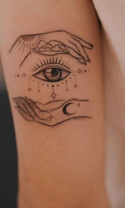 Witch Sleeve Tattoo For Women, Buddhist Hand Tattoo, Feminine Eyes Drawing, Third Eye Tattoo For Women, 3rd Eye Tattoo Men, Spiritual Finger Tattoos, Spiritual Eye Tattoo, Eye Tattoo Ideas Women, One Eye Tattoo