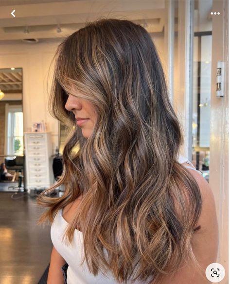 Brown Hair Inspo With Highlights, Carmel Highlights On Brunette Hair, Light Brown Balayage Dark Roots, Brunette Hair With Carmel Highlights, Haircut Inspo Brunette, Lighter Highlights On Brown Hair, Hair Inspo Brunette Highlights, Dark With Caramel Highlights, Carmel Hair Highlight