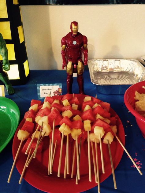 Iron man "fuel" fruit platter watermelon & pineapple kabobs Iron Man Party Decorations, Iron Man Birthday Party, Happy Birthday B, Manly Party Decorations, Iron Man Party, Pineapple Kabobs, Man Birthday Party, Iron Man Birthday, Marvel Birthday Party