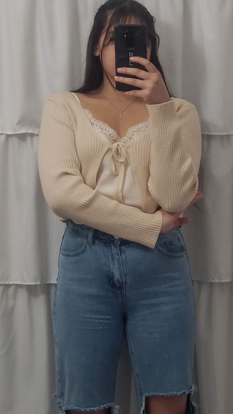 Tie Front Cardigan Outfit Aesthetic, Tie Front Cardigan Outfit Modest, Lace Top With Cardigan, White Tie Front Cardigan Outfit, Jeans And Cardigan Outfit Summer, Matching Cardigan And Top Outfit, Tie Front Sweater Outfit, Front Tie Sweater Outfit, Cargidan Outfits