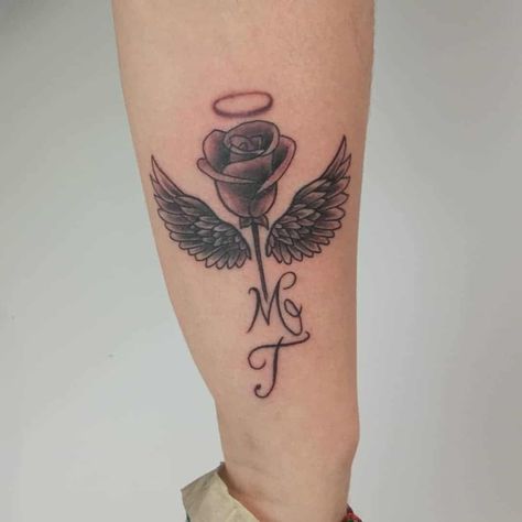 Flower With Angel Wings Tattoo, Angel With Roses Tattoo, Flower With Wings Tattoo, Rose Angel Tattoo, Rose Wings Tattoo, Angel And Rose Tattoo, Memorial Rose Tattoo, Tattoos With Angel Wings, Rose With Angel Wings