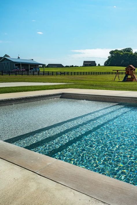 Murfreesboro Pool Photos | Nolensville Custom Pool Builder Straight Line Pool Designs, U Shaped Pool, Tanning Deck In Pool, Backyard Deck And Pool Ideas, Large Rectangle Pool, Fiberglass Pool With Waterfall, 30x15 Pool, Stamped Concrete Around Pool Ideas, Pool With Grass Around It