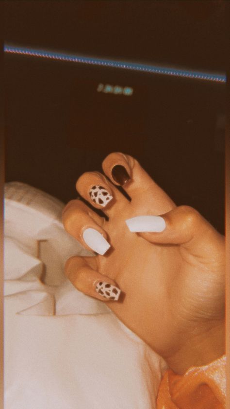 Brown And White Cow Print Nails, Brown And White Nails, Country Acrylic Nails, Cow Print Nails, White Cow Print, Western Nails, Cow Nails, Print Nails, Short Acrylic