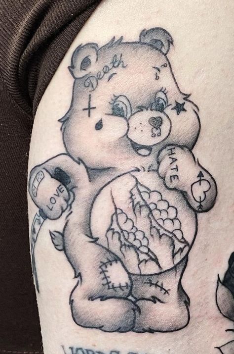 Horror Care Bear Tattoo, Scare Bear Tattoo, Creepy Care Bear Tattoo, Gothic Care Bear, Evil Care Bear Tattoo, Goth Care Bear Tattoo, Angel Bear Tattoo, Grumpy Care Bear Tattoo, Care Bears Tattoo Ideas