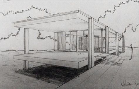 Farnsworth House Farnsworth House Drawing, Farnsworth House Sketch, Barcelona Pavilion, Farnsworth House, Case Study Houses, Ludwig Mies Van Der Rohe, Architectural Design House Plans, Architecture Design Drawing, Model House Plan