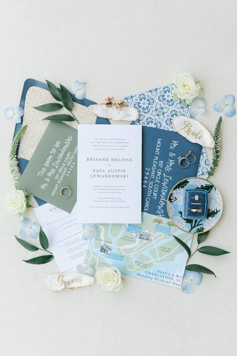 Green and blue themed wedding day invitation suite. Olive Green Blue Wedding, Wedding Blue And Green Theme, Light Blue And Sage Green Wedding Theme, Wedding Color Palette Blue Green, Light Blue And Emerald Green Wedding, Baby Blue And Green Wedding, Wedding Colors Blue And Green, Green And Blue Spring Wedding, Light Blue Dark Green Wedding