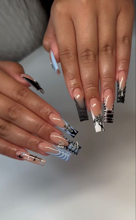 Square Freestyle Nails, Laws Nails, Scorpio Birthday Nails, Nail Black, Cross Nails, Acrylic Nail Set, Long Acrylic Nail Designs, Different Nail Designs, Ombre Acrylic Nails