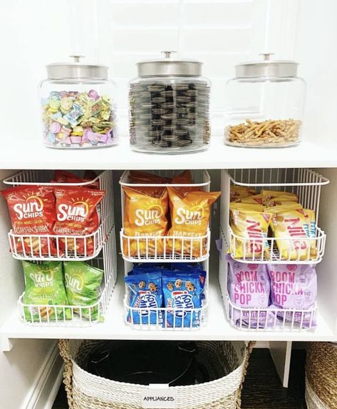 Mini Coffee Corner, Walk In Butlers Pantry, Beige Apartment Decor, Bar Snack Ideas, Office Snack Bar, Chip Organization, Home Setup Ideas, Snack Pantry, Kitchen Storage Room