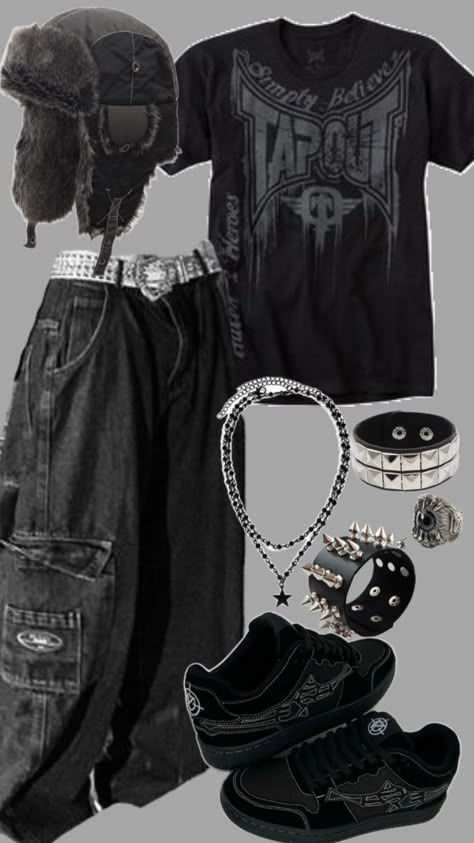 Slightly Emo Outfit, Emo Outfits Male 2000s, White Emo Outfit, Baggy Clothes Aesthetic Grunge, Baggy Goth Outfit, Emo Mens Fashion, Drainer Style, Metal Head Outfits, Affliction Outfits