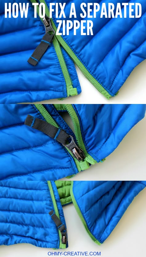 How to Fix a Separated Zipper - with this simple trick, using a common household product, it can be easy to repair a zipper with little effort!  |  OHMY-CREATIVE.COM Ruined Clothes, Fix A Zipper, Zipper Repair, Repair Clothes, Sewing Projects For Beginners, Diy Couture, Sewing For Beginners, Clothing Hacks, Household Tips