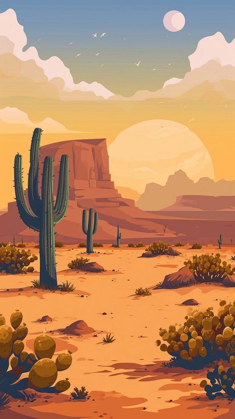 Desert landscape desert outdoors nature. | premium image by rawpixel.com Southwest Wallpaper, Waterfall Drawing, Cactus Silhouette, Cactus Wallpaper, Landscape Desert, 2160x3840 Wallpaper, Desert Life, Desert Art, Desert Cactus