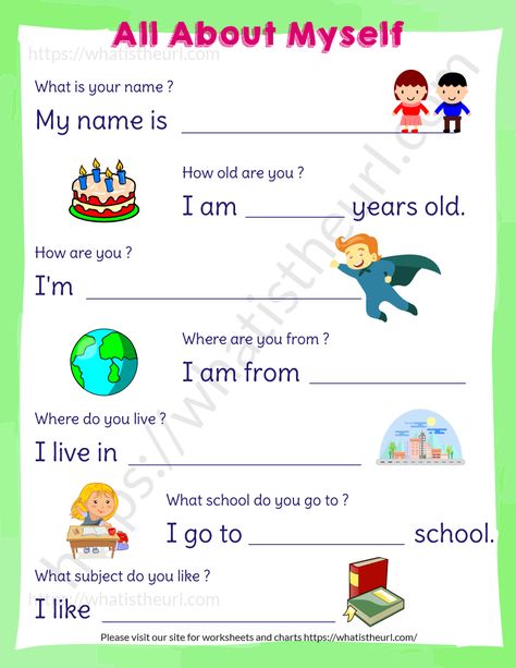 All About Myself Worksheet for KG, UKG and Little kids - Your Home Teacher Teaching Methods For Kids, About Myself Worksheet For Kids, My Home Worksheet For Kids, About Myself Worksheet, All About Myself, About Me Worksheet, Test For Kids, Worksheet For Kindergarten, All About Me Worksheet