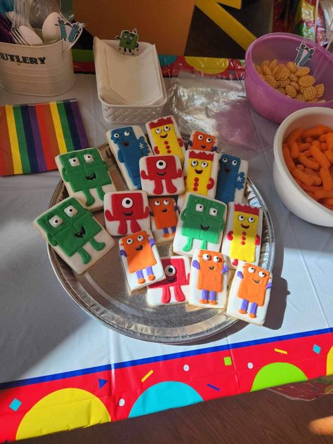 Numberblock Birthday Theme, Number Blocks Cookies, Number Blocks Theme Party, Number Blocks Birthday Party, Numbers Birthday Party, Kids Cookies, Block Birthday Party, Number Blocks, 5th Birthday Cake