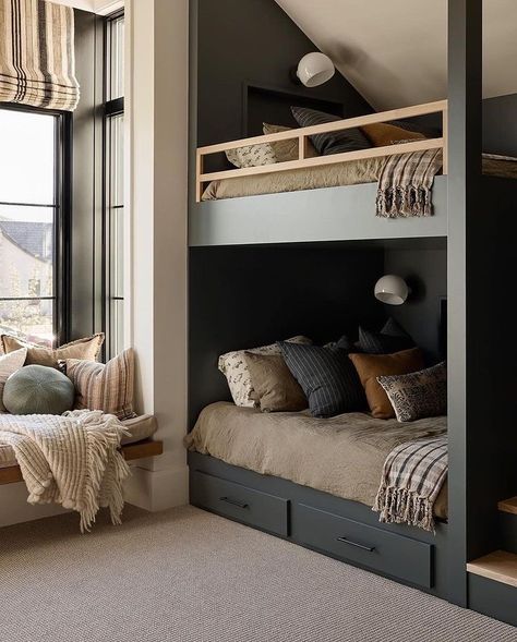 Cozy Bedroom Accent Wall, Boy Bunk Beds Room Ideas, Boys Bunk Bed Room, Bunkbed Boys Room Ideas, Boy Bunk Beds, Kids Bedroom Bunk Beds, Mountain Bedroom Ideas, Boys Room With Bunk Beds, Boys Bunkbed Bedroom Ideas