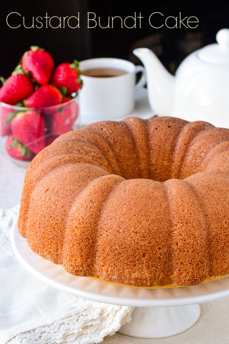 Custard Bundt Cake. A moist, colourful and beautifully textured cake with the added flavour boost of Bird's custard powder in the mix. #cakerecipe #scratchcake #custardcake #homemadecakerecipe Ghee Cake Recipe, Custard Powder Recipes, Textured Cake, Bird's Custard, Custard Cake Recipes, Cream Cheese Sugar Cookies, Swiss Rolls, Custard Desserts, Rock Recipes