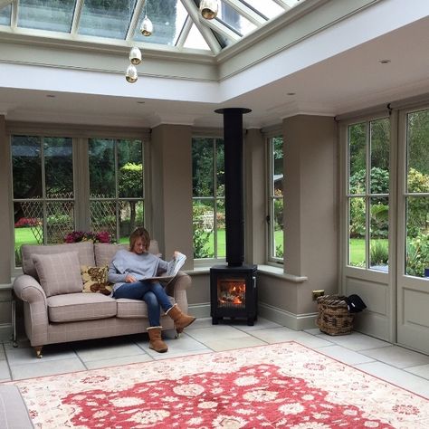 Woodburner In Conservatory, Orangery Extension With Log Burner, Wood Burner In Conservatory, Conservatory Log Burner, Conservatory With Log Burner, Log Burner In Conservatory, Orangery Fireplace, Sunroom With Wood Stove, Wood Conservatory