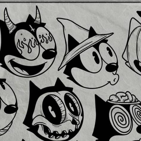 Bonnie Pellegrini on Instagram: "Made some halloween felix heads cause who wouldnt want one 🎃 . . . . #tattooflash #halloweenflash #halloweentattoo #felixthecat #felixthecattattoo #tattooapprentice" Felix The Cat Drawing, Rubberhose Halloween, Felix Cat Tattoo, Felix The Cat Art, Felix The Cat Tattoo, Vintage Halloween Tattoos, Felix Tattoo, Halloween Flash Tattoo, Felix Cat