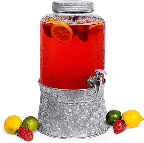 BirdRock Home 2.5 Gallon Pebbled Glass Beverage Dispenser with Galvanized Stand - Lid - Spigot - Decorative Round Jar for Drinks - Lemonade Sangria Tea Water Drink Jar Jug - Home Parties Fathers Day Menu Ideas, Drinks Lemonade, Lemonade Sangria, Red Juice, Glass Beverage Dispenser, Sun Tea, Colorful Drinks, Drinking Jars, Beverage Tub