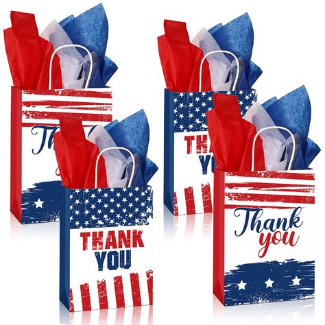 PRICES MAY VARY. Package Contains: you will get 16 pieces American flag thank you bags in 2 style and 18 pieces American tissue papers in 3 colors, which can help you to wrap gifts quickly and easily, and the rich quantity will meet your needs for daily and various parties or events American Patriotic Elements: these thank you paper bags are designed with American flag pattern, coordinate with classic red white and blue color, that will add a strong festive touch to your USA themed celebration, American Flag Party, Veterans Day Celebration, Thank You Bags, Blue Tissue Paper, Veterans Day Gifts, American Gifts, Flag Pattern, Patriotic Gifts, Blue Gift