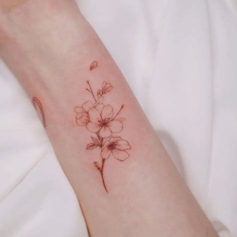 15 of the best nature tattoo ideas for your girly tattoo era 3 Red Cherry Blossom Tattoo, Orchid Tattoo Ideas, Orchid Flower Tattoos, Sakura Tattoo, Lily Flower Tattoos, 16 Tattoo, Orchid Tattoo, Poppies Tattoo, Beautiful Flower Tattoos