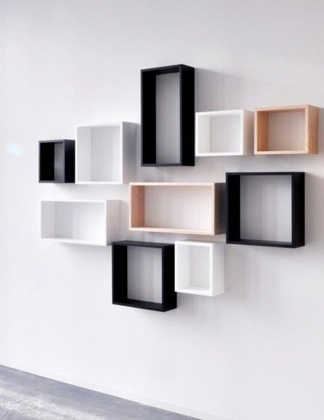 Floating Shelves Modern Living Rooms, Box Shelves Decor Cubes, Square Shelves Decor Cubes, Wall Boxes Decor Ideas, Book Shelf Design Wall, Wall Cubes Ideas Decor, Box Shelving Ideas, Wall Shelves Design Bedrooms, Room Shelves Bedroom Ideas