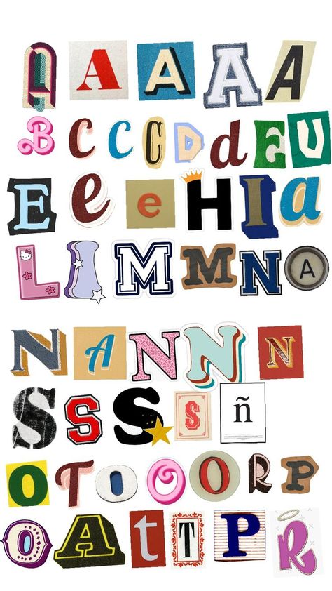 Letters Art Design, Magazine Number Cutout, Magazine Font Alphabet, Huruf S Art, Magazine Letters Aesthetic, Alphabet Collage Letters, Magazine Letter Cutouts, Magazine Cutout Letters, Scrap Letters