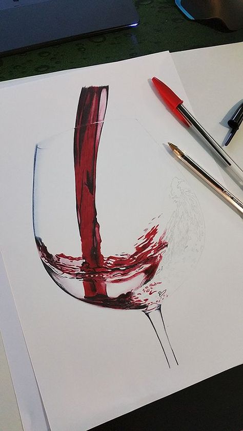 Drawing On Red Paper, Biro Pen Art, Ball Pen Sketch Simple, Red Pen Drawings, Ball Pen Art, Wine Drawing, Stylo Art, Biro Drawing, Blackhead Extractor Tool