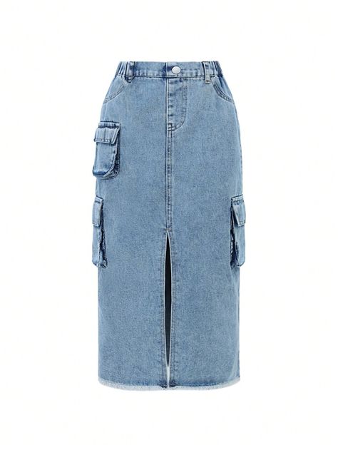 Tween Girl Blue Casual Split Denim Skirt With Cargo Pockets Medium Wash Casual   Denim Plain Straight Non-Stretch  Tween Girls Clothing, size features are:Bust: ,Length: ,Sleeve Length: Split Denim Skirt, Vacay Fits, Skirt Cargo, Girls Denim Skirts, Teenage Fashion, Jeans Casual, Cargo Skirt, Girls Denim, Cargo Jeans