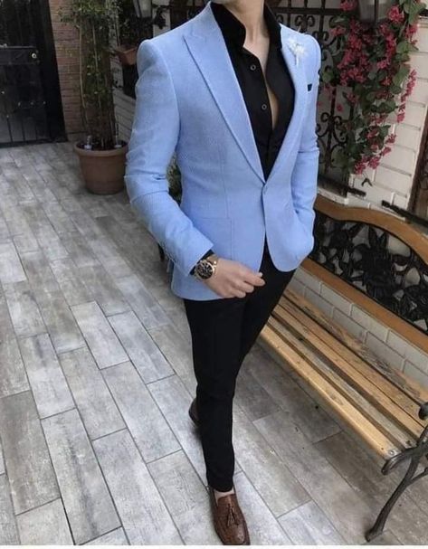 Sky Blue Blazer Outfit Men Wedding, Sky Blue Blazer Outfit Men, Light Blue Blazer Outfit Men, Blue Blazer Outfit Men, Black Shirt Outfit Men, Blue Blazer Outfit, Blue Blazer Men, Festive Christmas Outfit, Light Blue Blazer