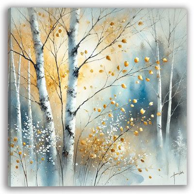 Embrace the beauty of fall with this exquisite watercolor canvas art, showcasing golden birch trees gently swaying in the autumn breeze. With warm golden hues and delicate details, this piece captures the essence of the changing season, evoking a sense of calm and natural beauty. Perfect for nature lovers, this artwork will add a touch of elegance and tranquility to any space. Millwood Pines Overall Size: 12" H x 12" W x 1" D | Millwood Pines en Birch Trees w / Autumn Breeze - Wrapped Canvas Art Aspen Trees Painting, Sky Art Painting, Autumn Breeze, Watercolor Christmas Tree, Gold Watercolor, Aspen Trees, Fall Watercolor, Birch Trees, Unique Trees