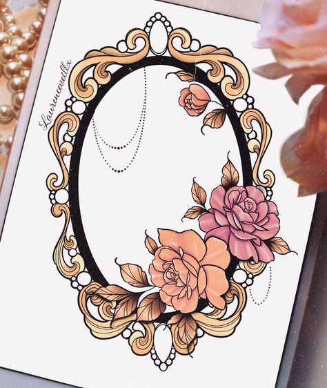 Mirror Frame Tattoo Design, Filigree Frame Drawing, Neo Traditional Frame Tattoo, Flower Frame Tattoo Design, Framed Flowers Tattoo, Mirror With Flowers Tattoo, Frames Tattoo Design, Frame With Flowers Tattoo, Neo Traditional Mirror Tattoo