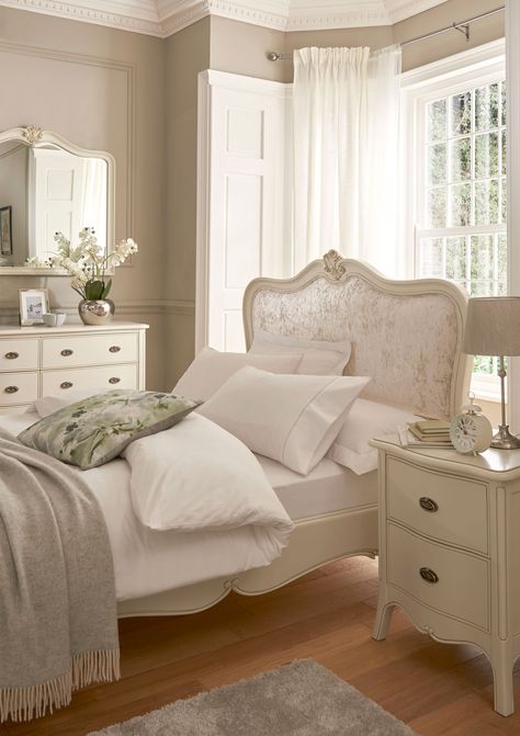 Modern French Bedroom, French Bedroom Decor, Beautiful Bed Designs, French Furniture Bedroom, French Style Bedroom, Ivory Colour, Bedside Chest, French Bedroom, White Bed