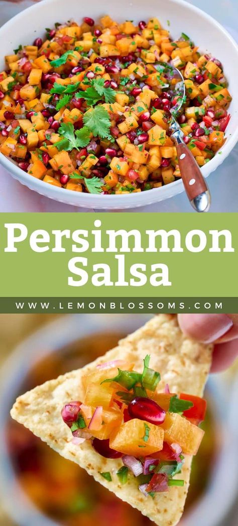 Enjoy the fresh flavor of Persimmon Salsa Fresca as a quick appetizer or snack, served with tortilla chips or as a side dish served with any grilled meats, fish or tofu. #lemonblossoms #vegan Persimmon Appetizer, Persimmon Salsa, Persimmon Recipes, Quick Appetizer, Fruit Recipe, Salsa Recipes, Salsa Fresca, Peach Salsa, Grilled Meats